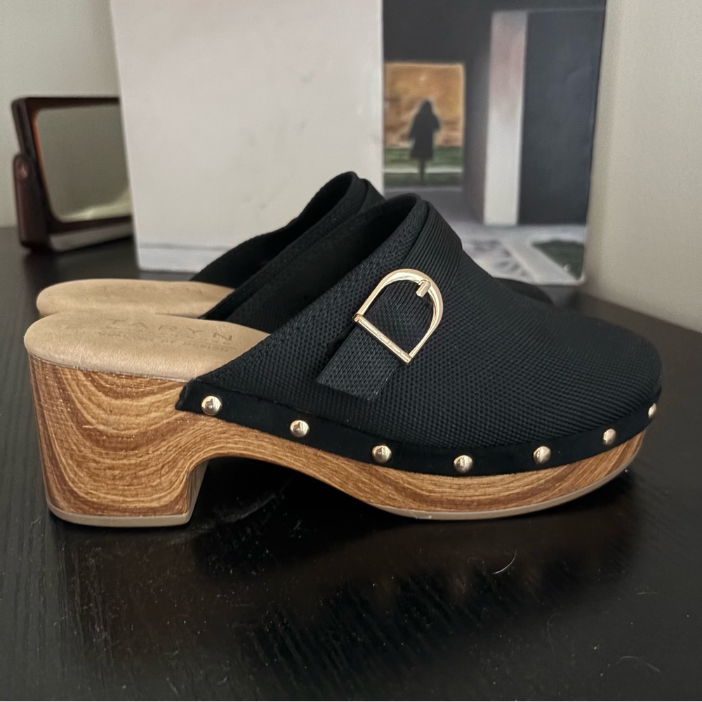 TARYN Black Wood grain GOLD Studded Clog Mules with Gold Buckle